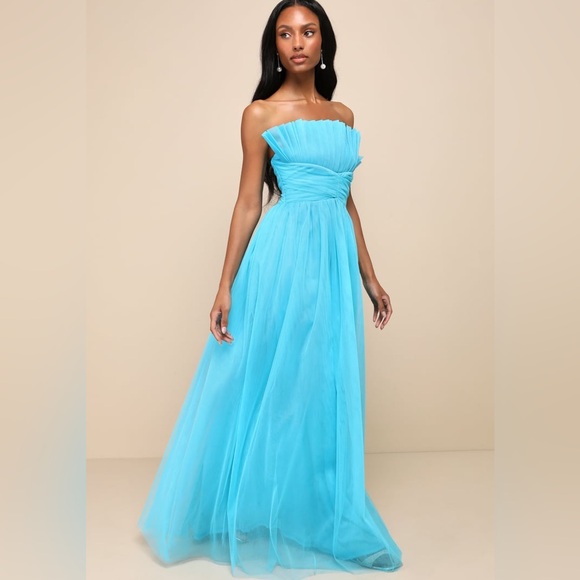 Lulus Dresses & Skirts - Lulu’s Undeniably Iconic Teal Blue Tulle Pleated Retro 50’s Strapless Maxi Dress